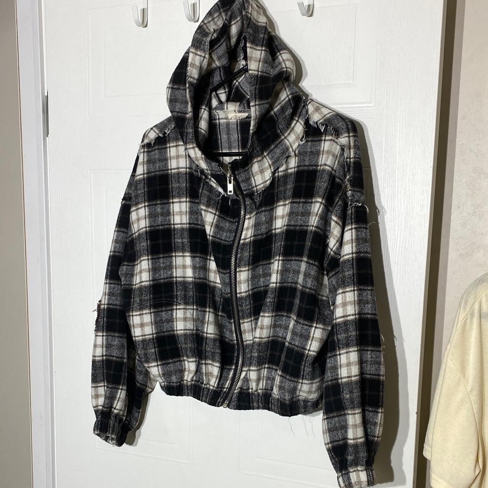 POL Black and White Plaid Bomber Jacket